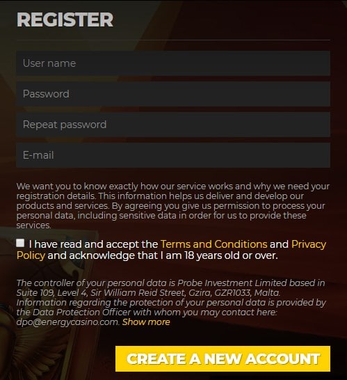 Energy Casino Registration